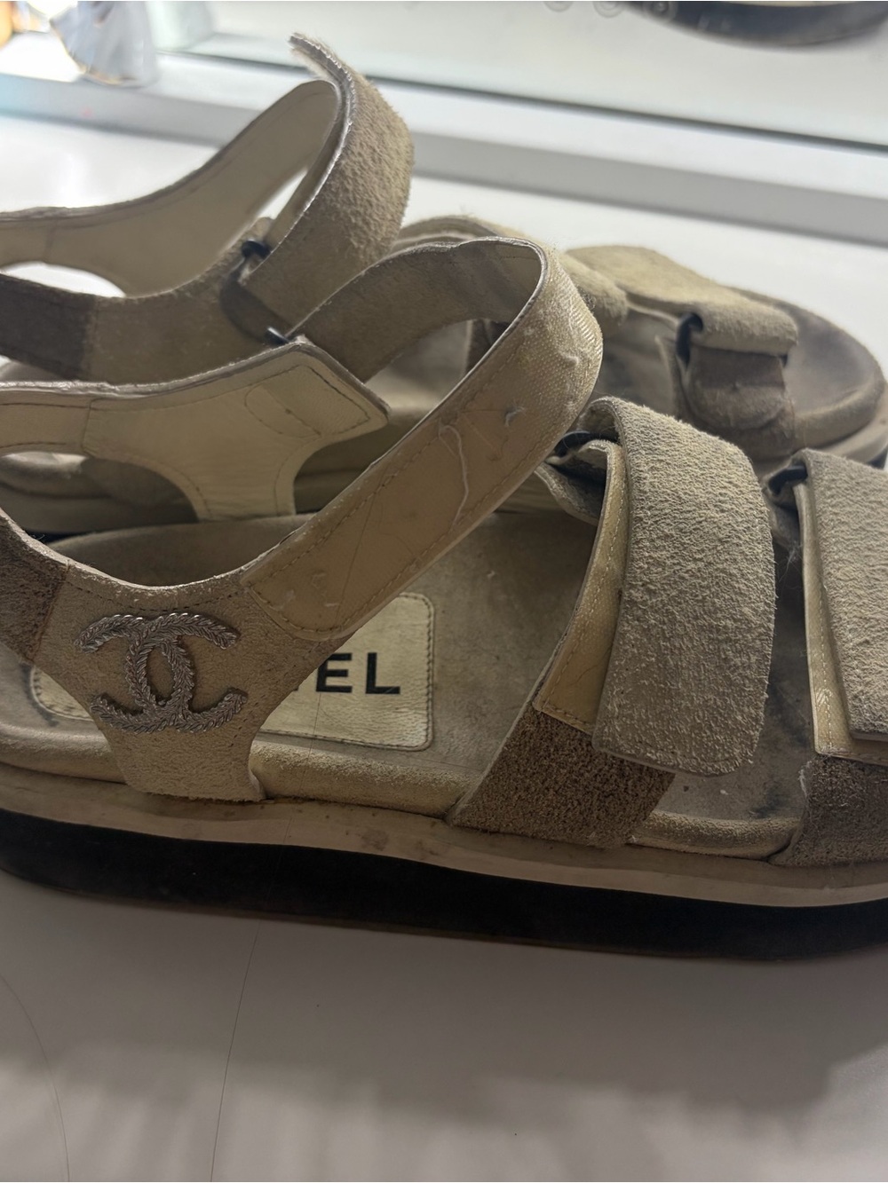Chanel woman’s  Beige Suede Logo Sandals